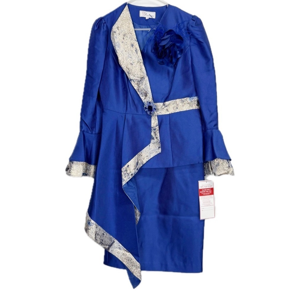 EY Boutique Skirt Suit Womens 8 Blue Silver Brocade Lace Ruffle Church NWT